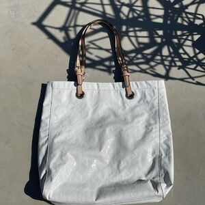 Michael Kors Signature Embossed White Patent Leather ToteTan Leather Straps